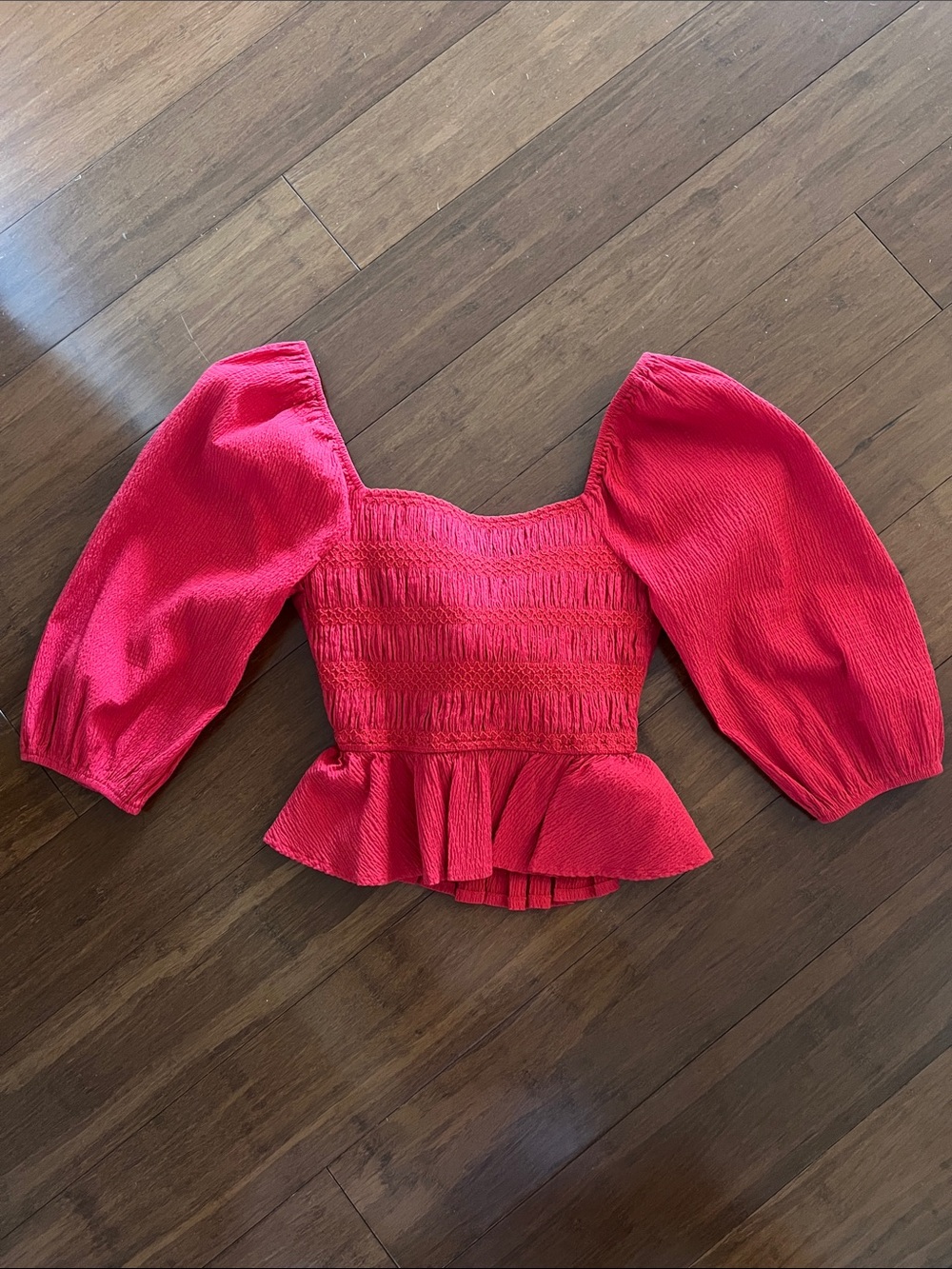 Red Puff-Sleeve Peplum Top